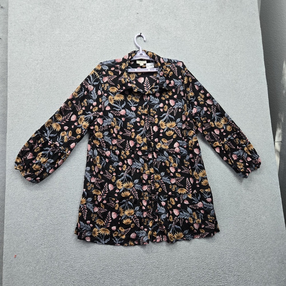 Style & Co Women Blouse 3X Black Nylon Floral Tunic Button Collared